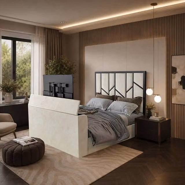 KDMD Alderley Luxe Upholstered Cream Television Bed Frame, Double (140 x 200 cm)