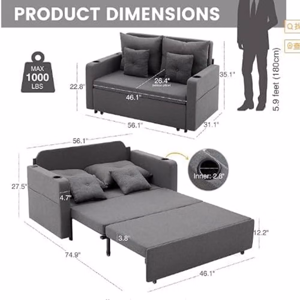 London Boutique 2 Seater Convertible Sofa Bed in Black with USB and Type-C Charging Ports and Cup Holders – 2