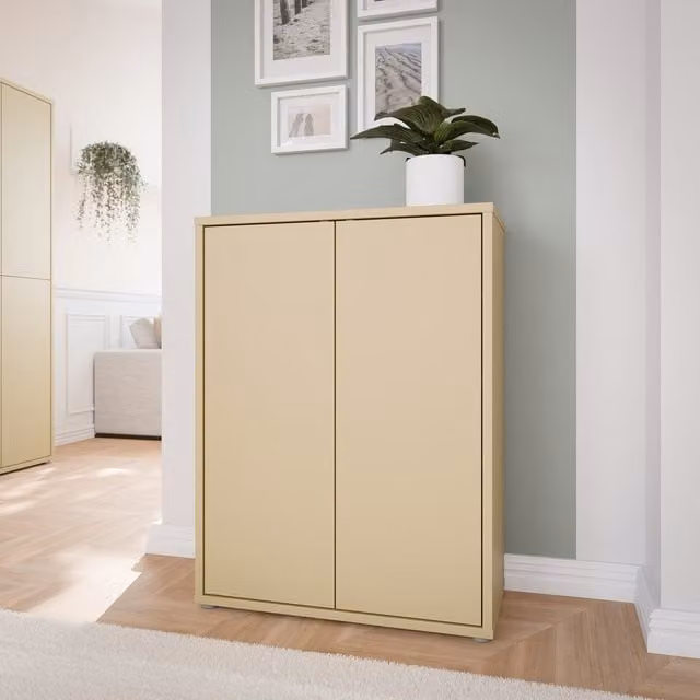 Furniture To Go Alice Springs Modern Shoe Cabinet with 2 Push-to-Open Doors in Butter Yellow