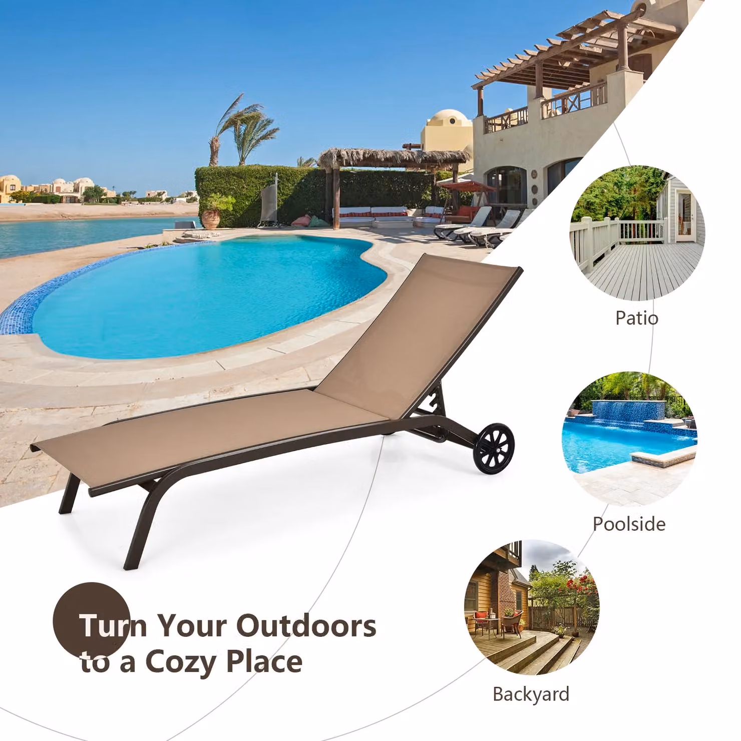 Gymax Adjustable Recliner Patio Chaise Lounge Chair with Wheels in Beige – 3