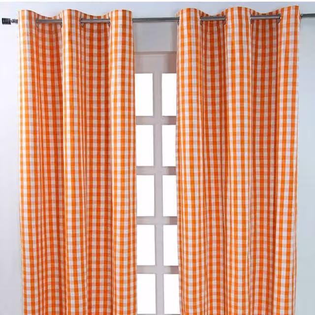 Homescapes Orange Cotton Checked Eyelet Curtain Pair, H: 228 cm x W: 137 cm