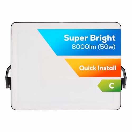 TCP 50W LED Outdoor Security Floodlight, 8000lm, 4000K Cool White, IP65 Waterproof, Black