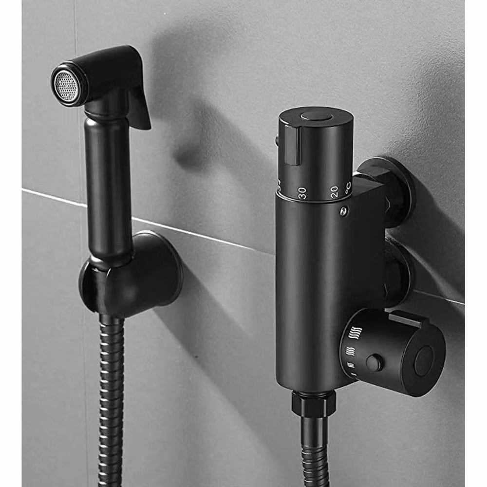 NESTLUNE Black Brass Thermostatic Shower Set with Hand Spray and Flush Mount Design – 1