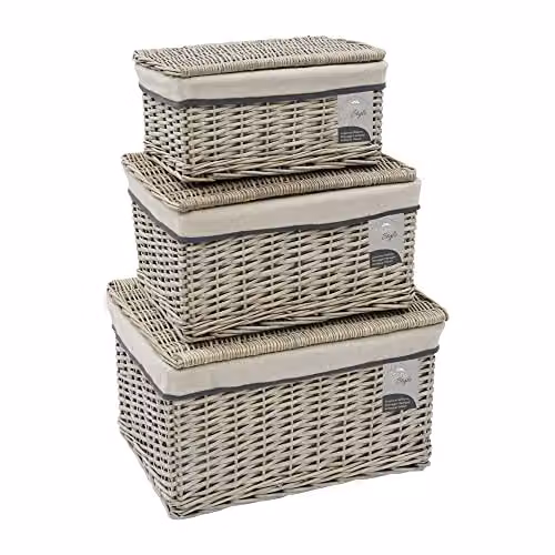 JVL Arianna Set of 3 Rectangular Willow Hamper Baskets with Removable Bags, Grey