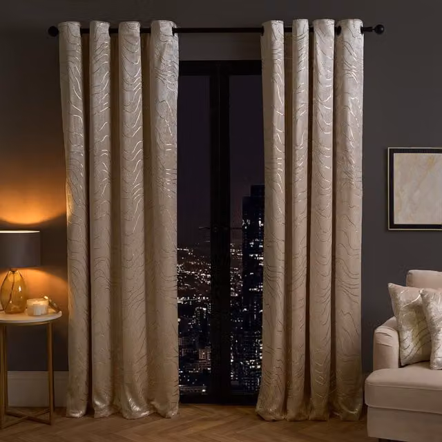 OHS Velvet Eyelet Curtains with Metallic Foil Wave Design in Beige, Thermal Insulating, Pair, Width: 229 cm, Drop: 229 cm