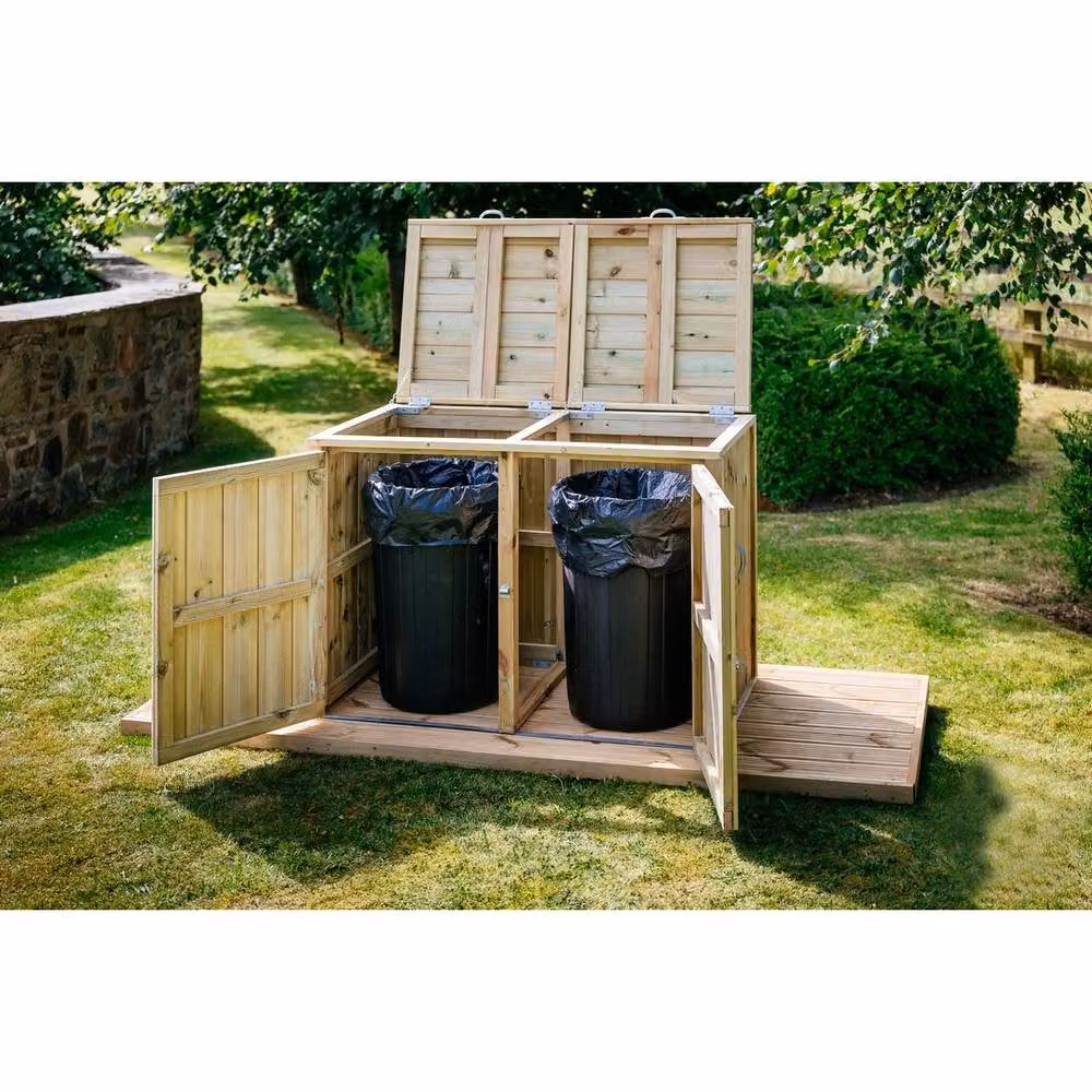 The Garden Village Dutton Double Timber Dustbin Store in Brown, W122.5 x D64 x H88 cm – 4