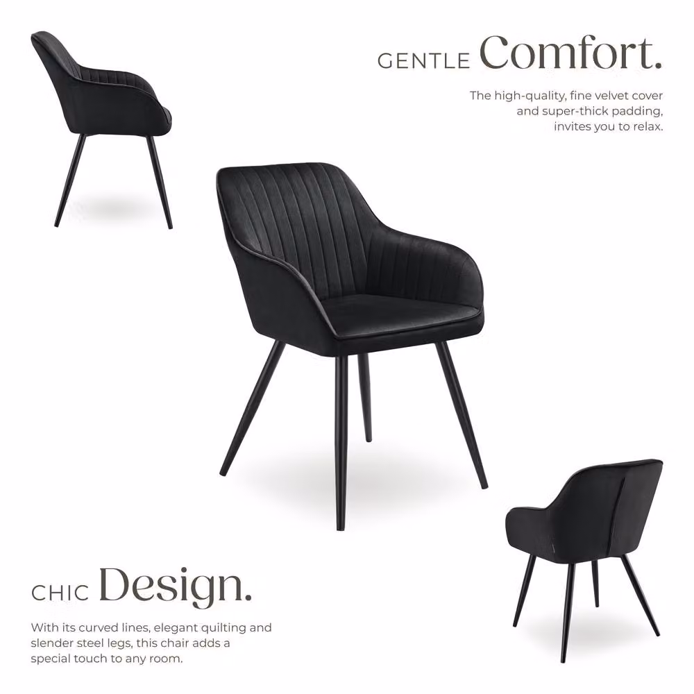 tectake Marilyn Set of 4 Dining Chairs in Black Velvet with Armrests – 3