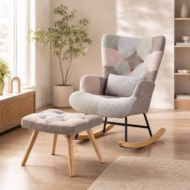 STILVORA Multicolour Bouclé Rocking Chair with Integrated Footrest and Side Pocket