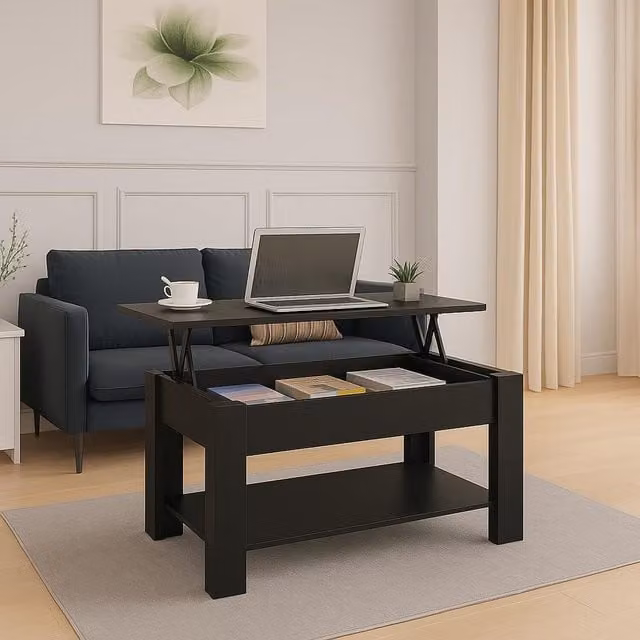 Home Treats Modern Black Wooden Coffee Table with Lifting Mechanism and Storage Shelf