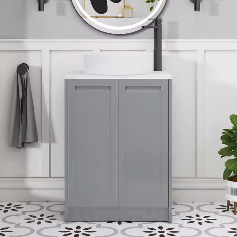 Royal Bathrooms Elmore Matt Pebble Grey 2 Door Floor Standing Vanity Unit with Carrara White Worktop