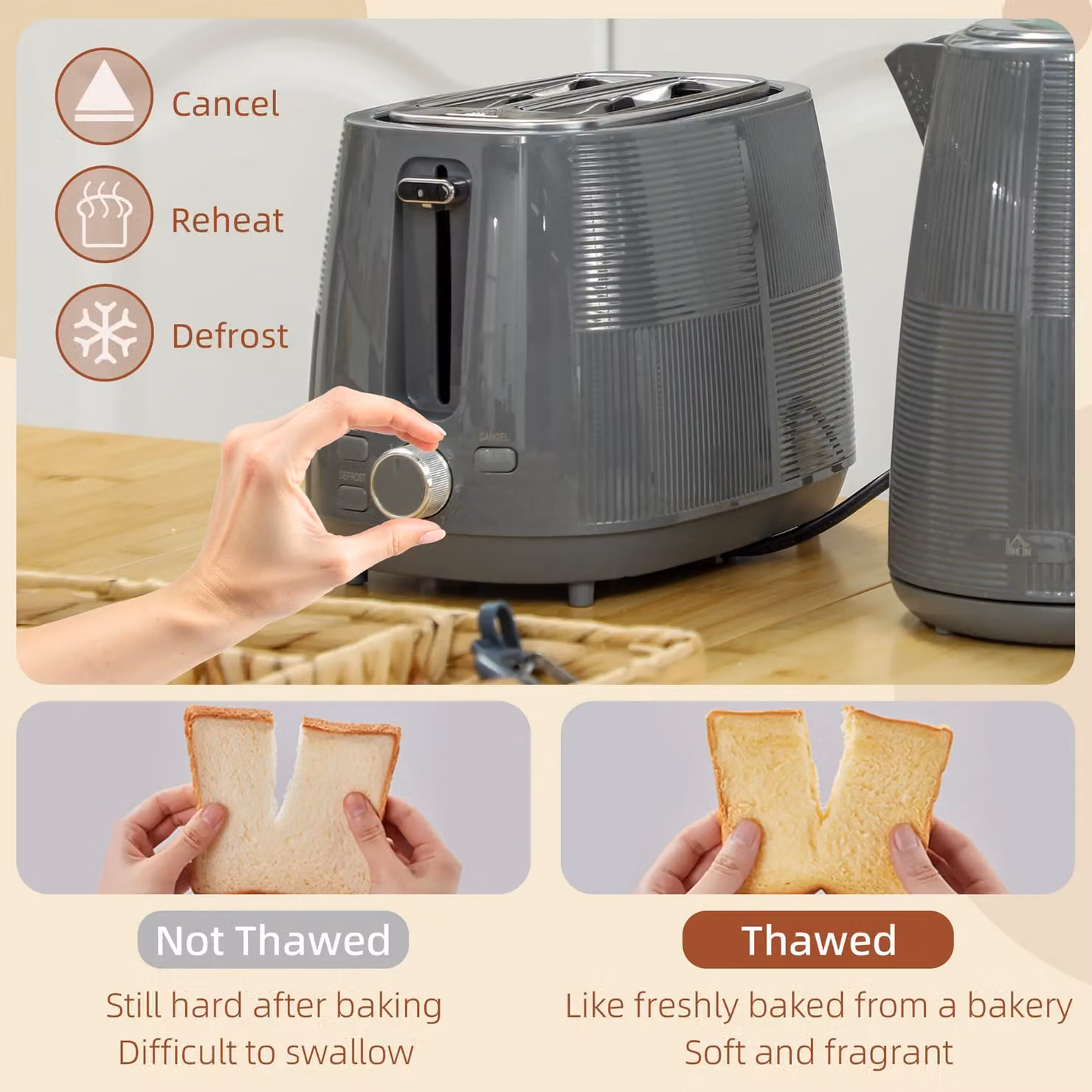 HOMCOM Grey Electric Kettle 1.7 l and 2 Slice Water Toaster Set – 5