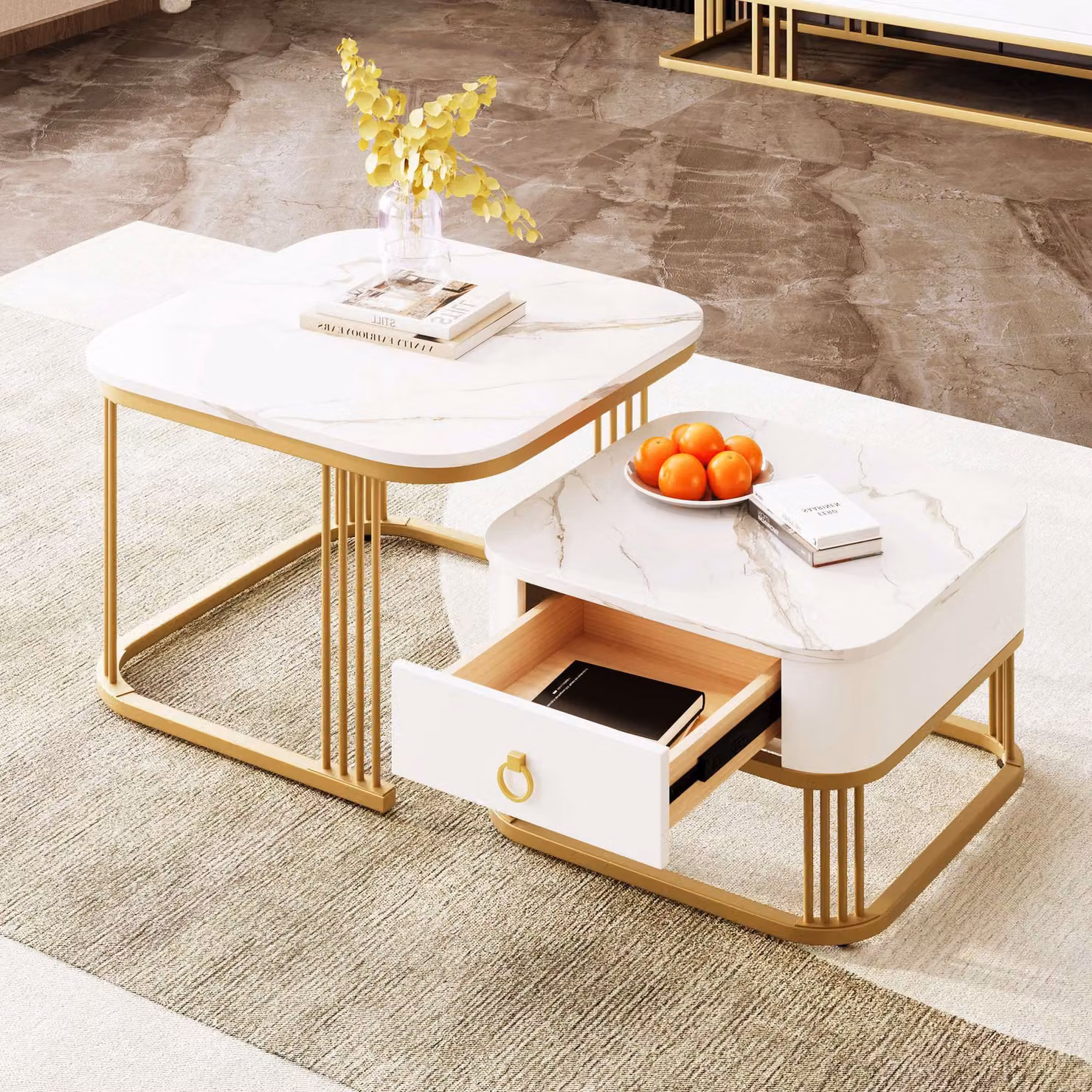 Aosom.UK Set of 2 Modern Square Coffee Tables with White Marble High-Gloss Tabletops, W/D/H: 60 x 60 x 42 cm and 50 x 50 x 33.5 cm – 3