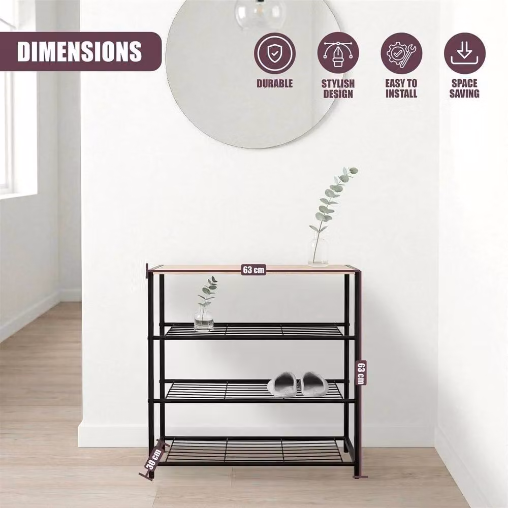 Kelvenix 3 Tier Metal and Wood Shoe Rack with Bench in Black – 2