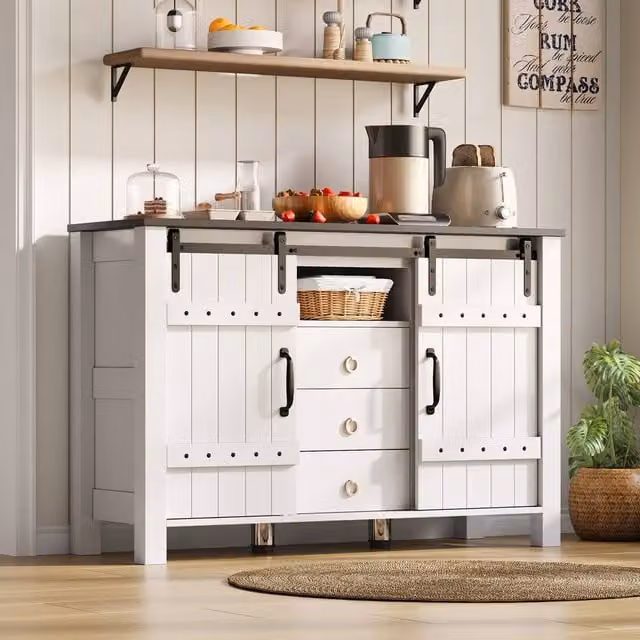 Rolipo White Rustic Wood Sideboard with Sliding Doors and 3 Drawers, Width: 120 cm – 1