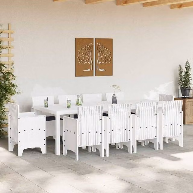 Berkfield Home 11 Piece White Poly Rattan Garden Dining Set with Cushions
