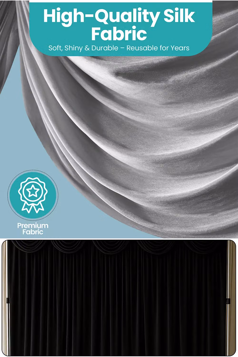 Neel Blue Ice Silk Detachable Swag Curtain Panel in Silver, 200 cm – 3