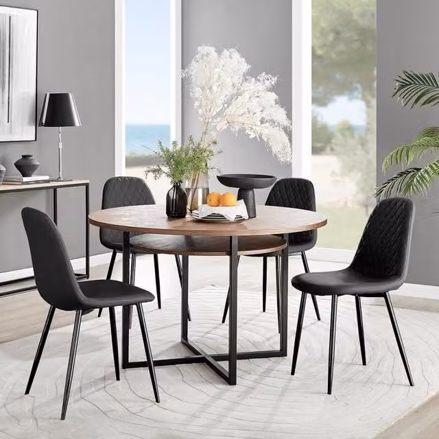FurnitureboxUK Adley Brown Wood Round Dining Table and 4 Corona Black Leg Chairs – 1