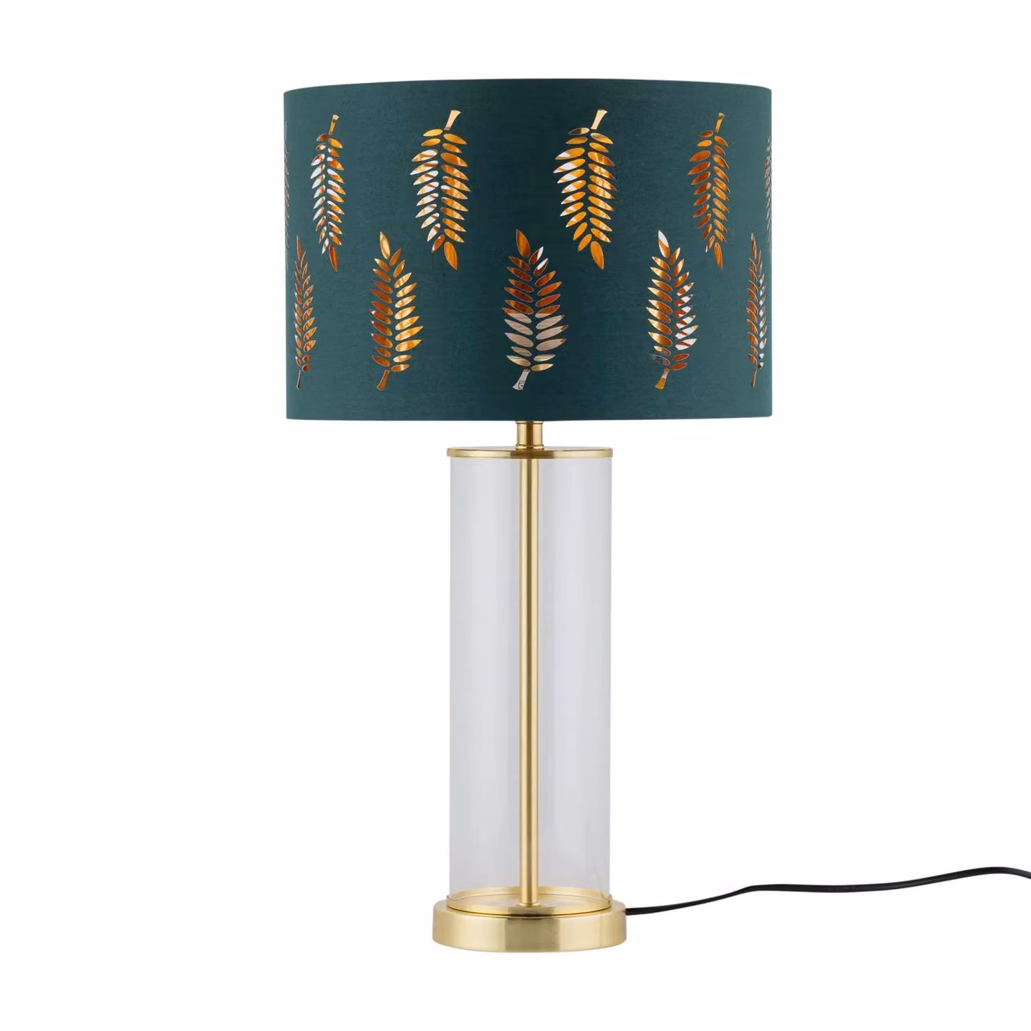 First Choice Lighting Aura Set of 2 Satin Brass Table Lamps with Green Fern Cut Out Glass Shades in Gold – 2