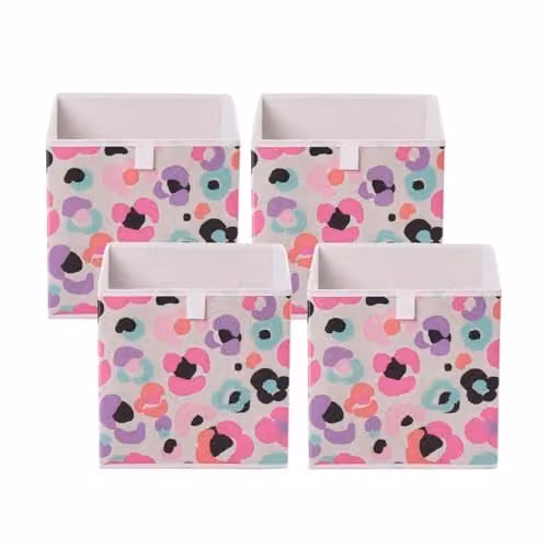 OHS Set of 4 Leopard Print Foldable Fabric Cube Storage Boxes in Multicolour and White – 1