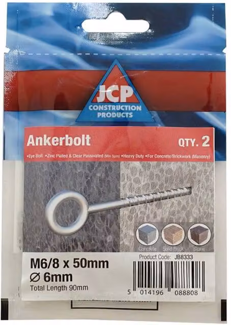 JCP Fixings Galvanised Steel Eye Bolts in Silver, 6 x 50 mm, Box of 10