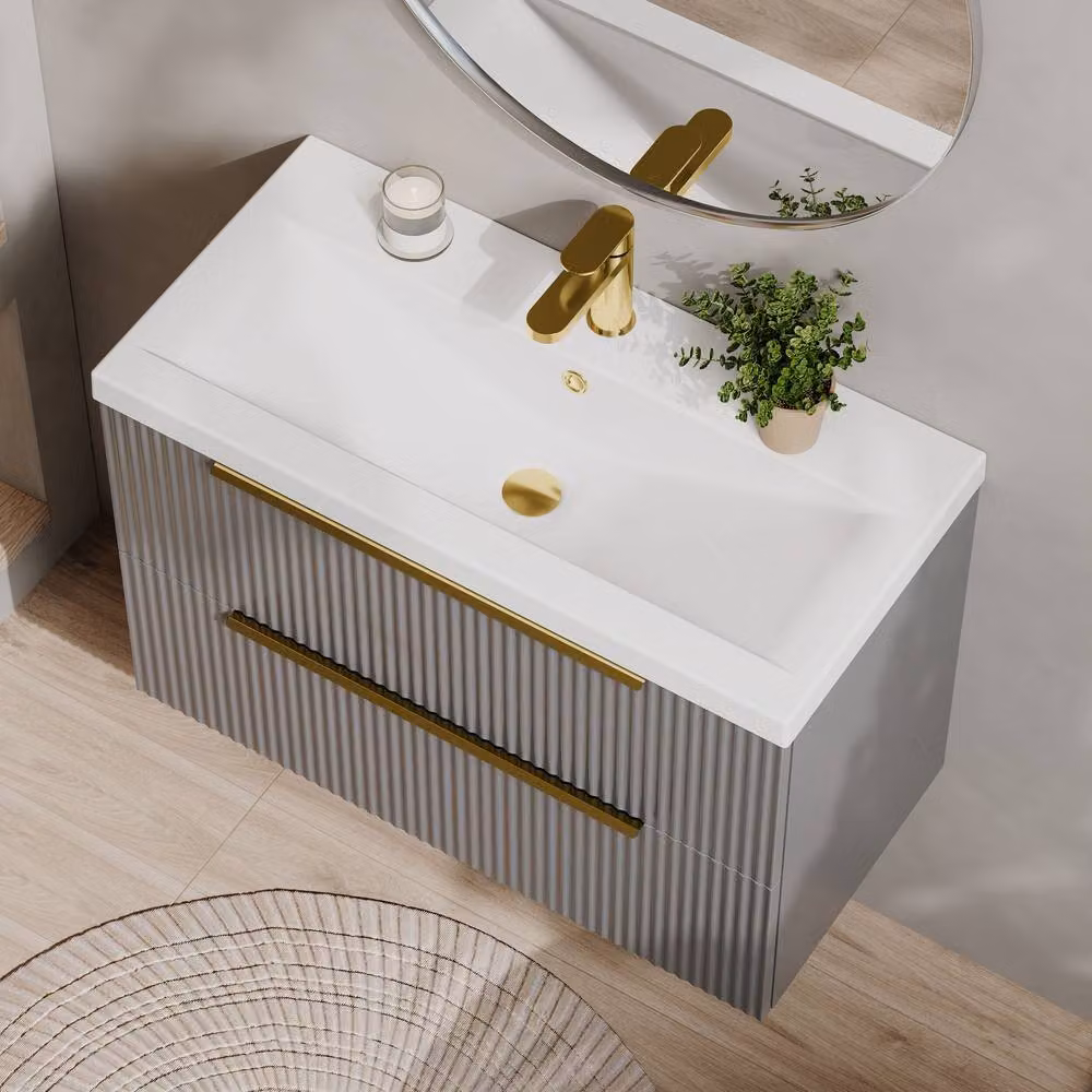 Balterley Fluted Front Wall Hung 2 Drawer Vanity Basin Unit, Satin Grey, W: 80 cm – 3