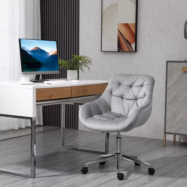 Vinsetto Modern Grey Velvet Swivel Task Chair with Armrests and Castors