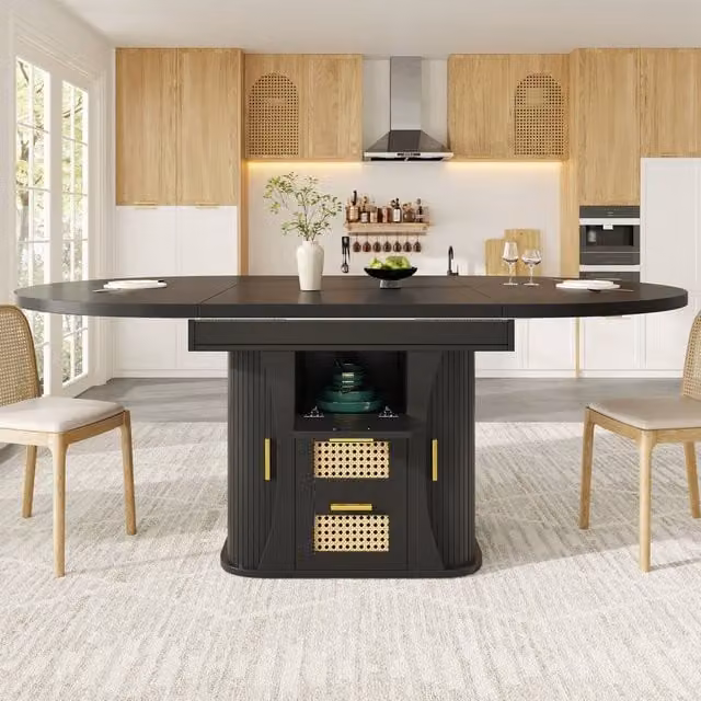 Merax Extendable Round to Oval Wooden Dining Table with 2 Rattan Drawers in Black, W: 118 cm, D: 77.1 cm, H: 75 cm – 1