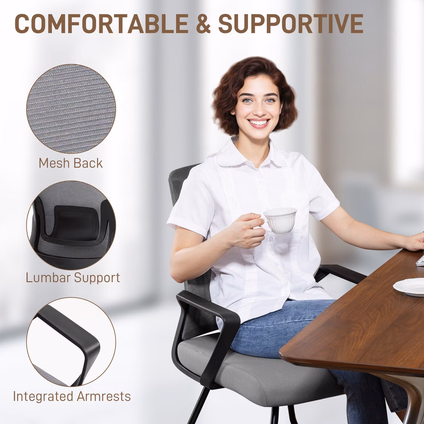 HOMCOM Dark Grey Mesh Office Chair with Lumbar Support and Metal Base – 4
