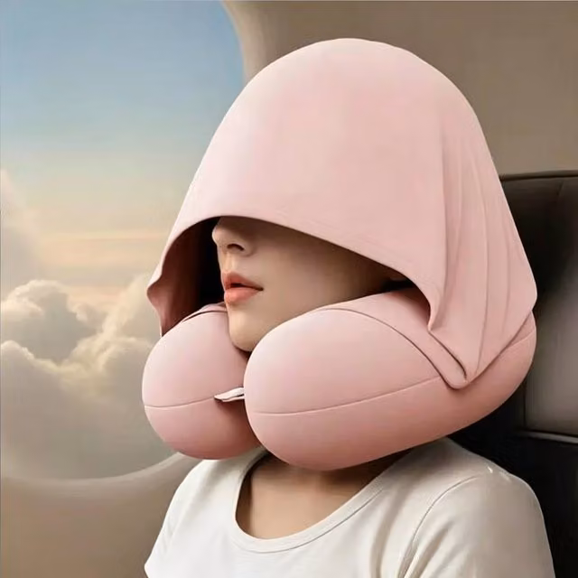 Quipulse Pink U-Shaped Memory Foam Travel Neck Pillow with Cooling Silk Hood