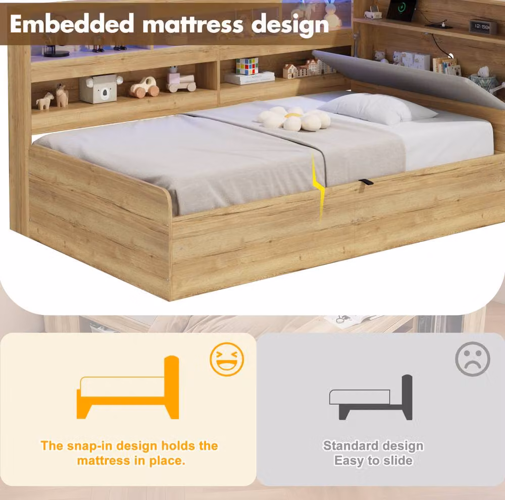 STILVORA Modern Storage Bed with USB Charging Port and LED Under-Bed Lighting in Sand and Brown, W: 135 cm x L: 190 cm – 4