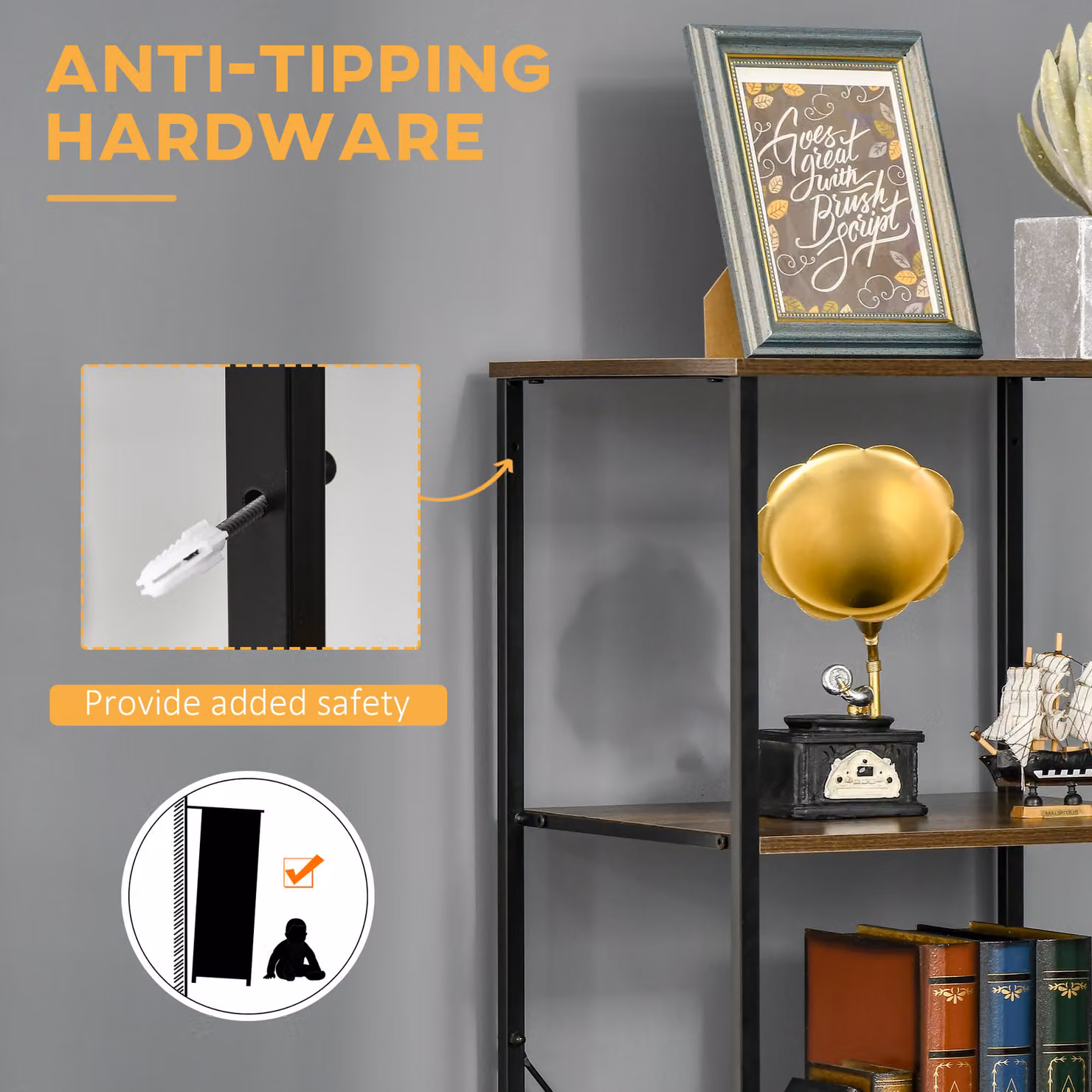 HOMCOM Industrial-Style Tall Bookshelf with 2 Open Shelves and 3 Foldable Fabric Drawers in Rustic Brown and Black – 5