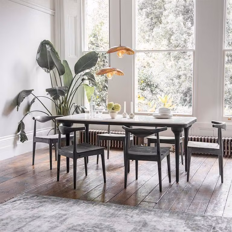 Atkin and Thyme Cone Marble Dining Table and Hiro Dining Chairs Set in Black and White