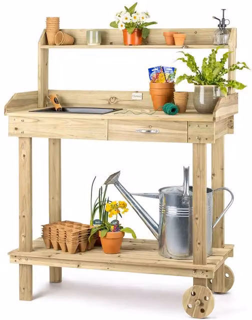 Christow Garden Potting Table Bench Wooden Workstation with Wheels and Tray in Natural, W/D/H: 120 x 42 x 90 cm