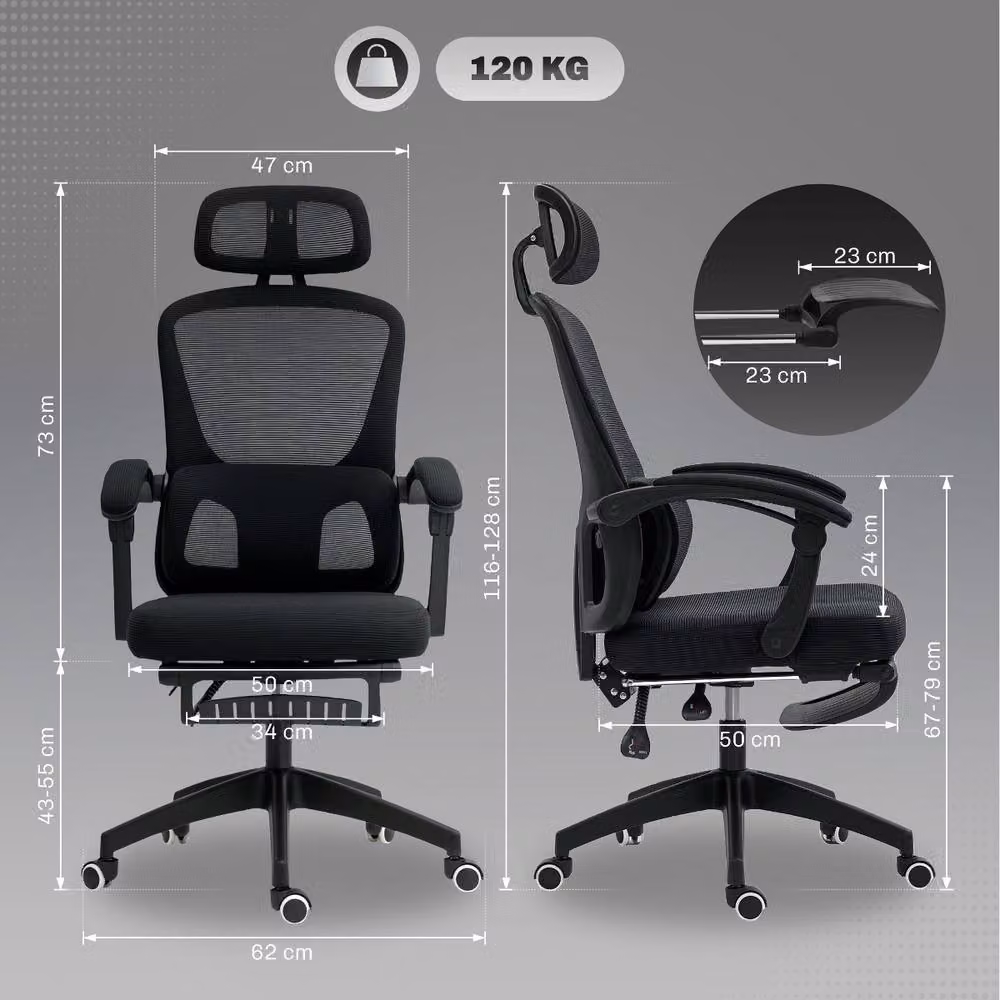 Rolipo Ergonomic Reclining Mesh Executive Office Chair with Headrest and Footrest in Black – 5