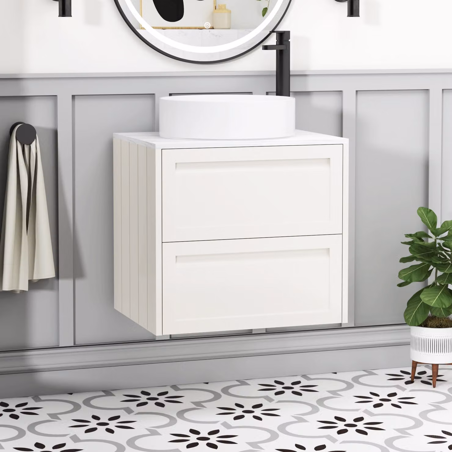 Royal Bathrooms Elmore 600mm Classic White Wall Hung 2 Drawer Vanity Unit with Art Basin