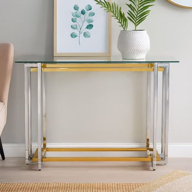 Orsina Art Deco Glass Top Console Table in Gold and Silver – 1