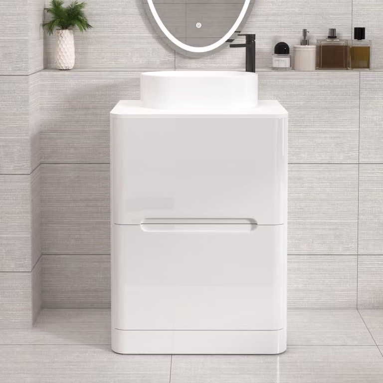 Royal Bathrooms Venice 600mm Gloss White Floor Standing Vanity Unit with 2 Drawers and Peak Basin