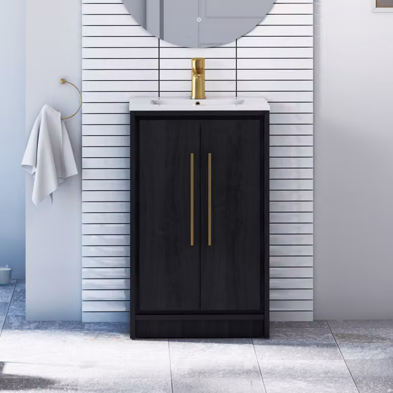 Livora 500mm Black Woodgrain Floor Standing 2 Door Bathroom Vanity Unit with Minimalist Basin and Brushed Brass Handles
