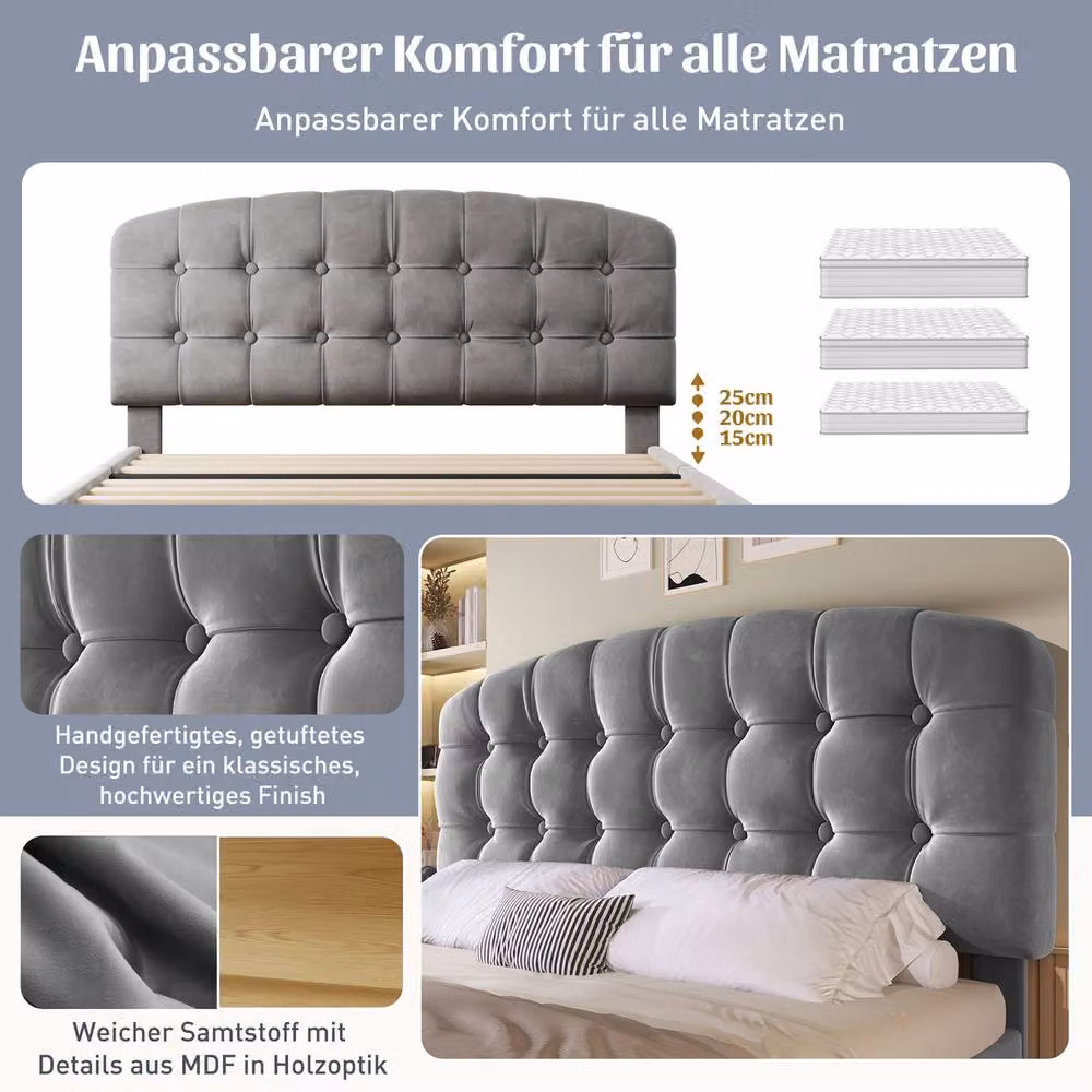 Rolipo Grey Velvet Double Bed with Drawers and Adjustable Headboard, W/D/H: 140 x 200 cm – 3