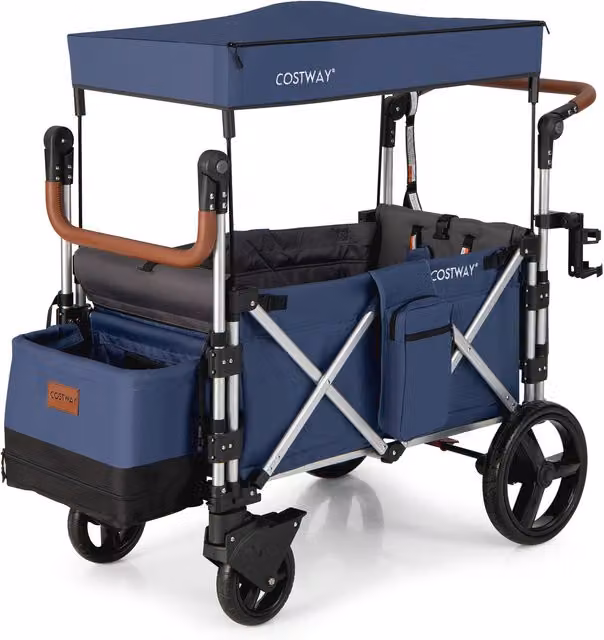 COSTWAY Push Pull Stroller Wagon with Adjustable Handle Bar in Blue
