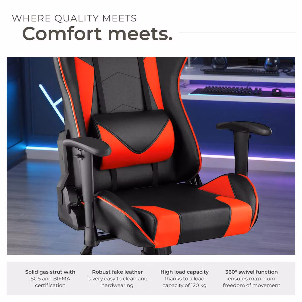 tectake Stealth Gaming Chair in Red and Black with Synthetic Leather and Headrest – 8