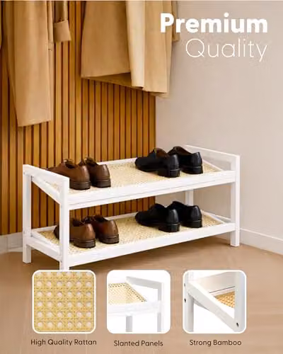 Keplin 2 Tier Bamboo and Rattan Shoe Organiser Rack in White and Natural, W/D/H: 70 x 29 x 33 cm – 3