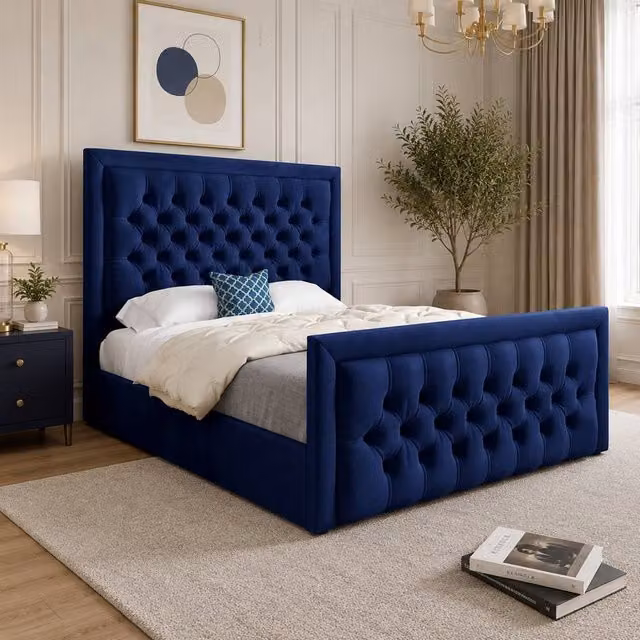 Casani Yvonne Upholstered Blue Velvet Designer Bed Frame, W: 140 cm x L: 200 cm – 1