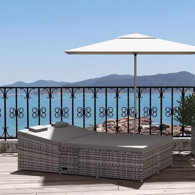 OUTSUNNY 2 Person Grey Polyrattan Rattan Daybed Lounger with Adjustable Headrest and Side Tray