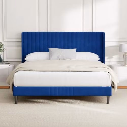 MCC Direct Charlie Velvet Upholstered Double Bed Frame in Blue, W/D/H: 141 x 200 x 105 cm – 1