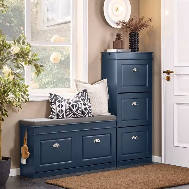 SoBuy Modern Slim Entrance Bench with Cushioned Seat and Shoe Storage in Blue and Silver