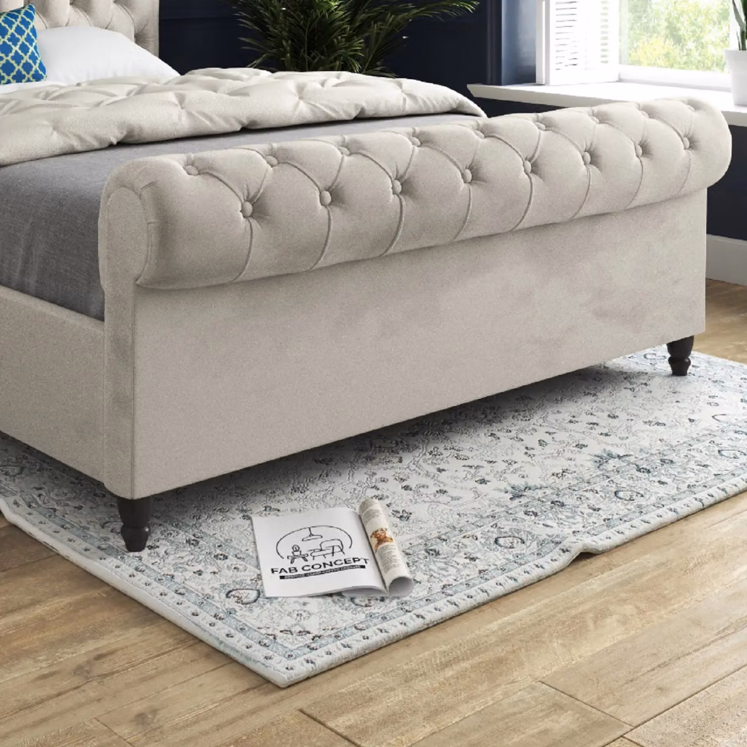 Casani Classic Upholstered Velvet Bed Frame in Beige, W/D/H: 200 x 189 x 119 cm – 4