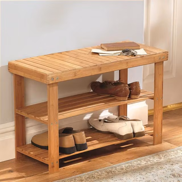 mysmartbuy 3 Tier Bamboo Shoe Rack, Brown Wooden Storage Organizer Bench, H 45 x W 70 x D 28.5 cm – 1