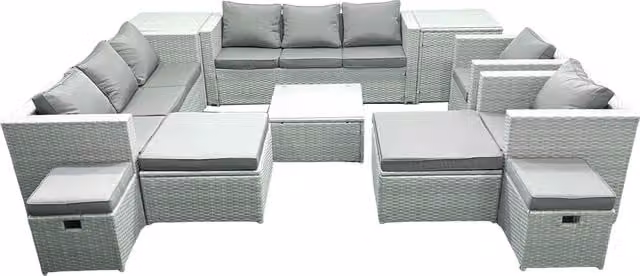 Fimous Garden 12 Seater U-Shape Rattan Outdoor Furniture Set in Light Grey with Upholstered Cushions, 4 Ottomans and Coffee Table