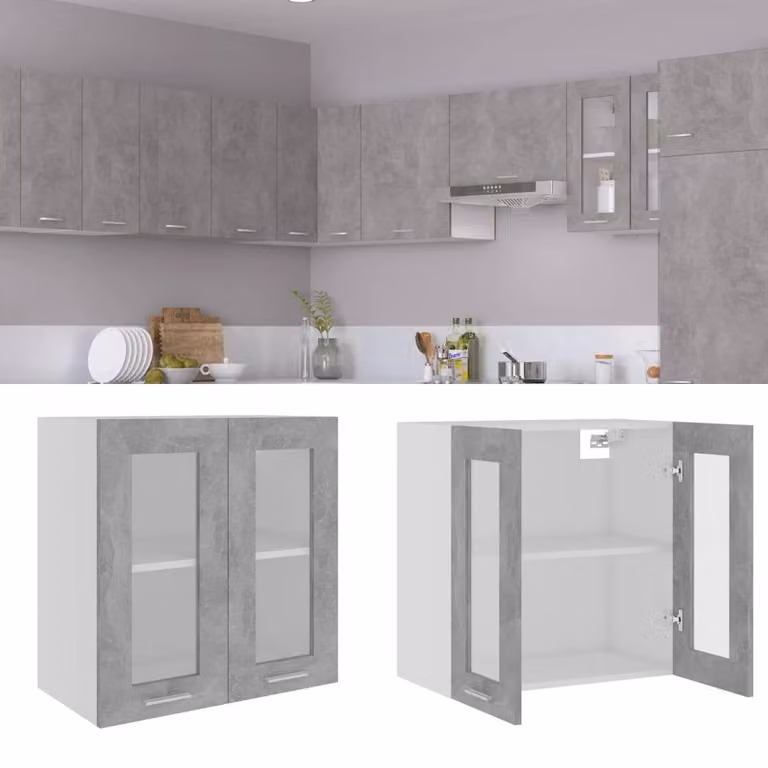 Berkfield Home Modern Wall Mounted Glass Cabinet in Concrete Grey, W/D/H: 60 x 31 x 60 cm